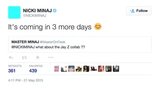 NICKI MINAJ @NICKIMINAJ - It looks like the King and Queen of New York are about to set it off on us once again. #TheCityIsMine(Photo: Nicki Minaj via Twitter)