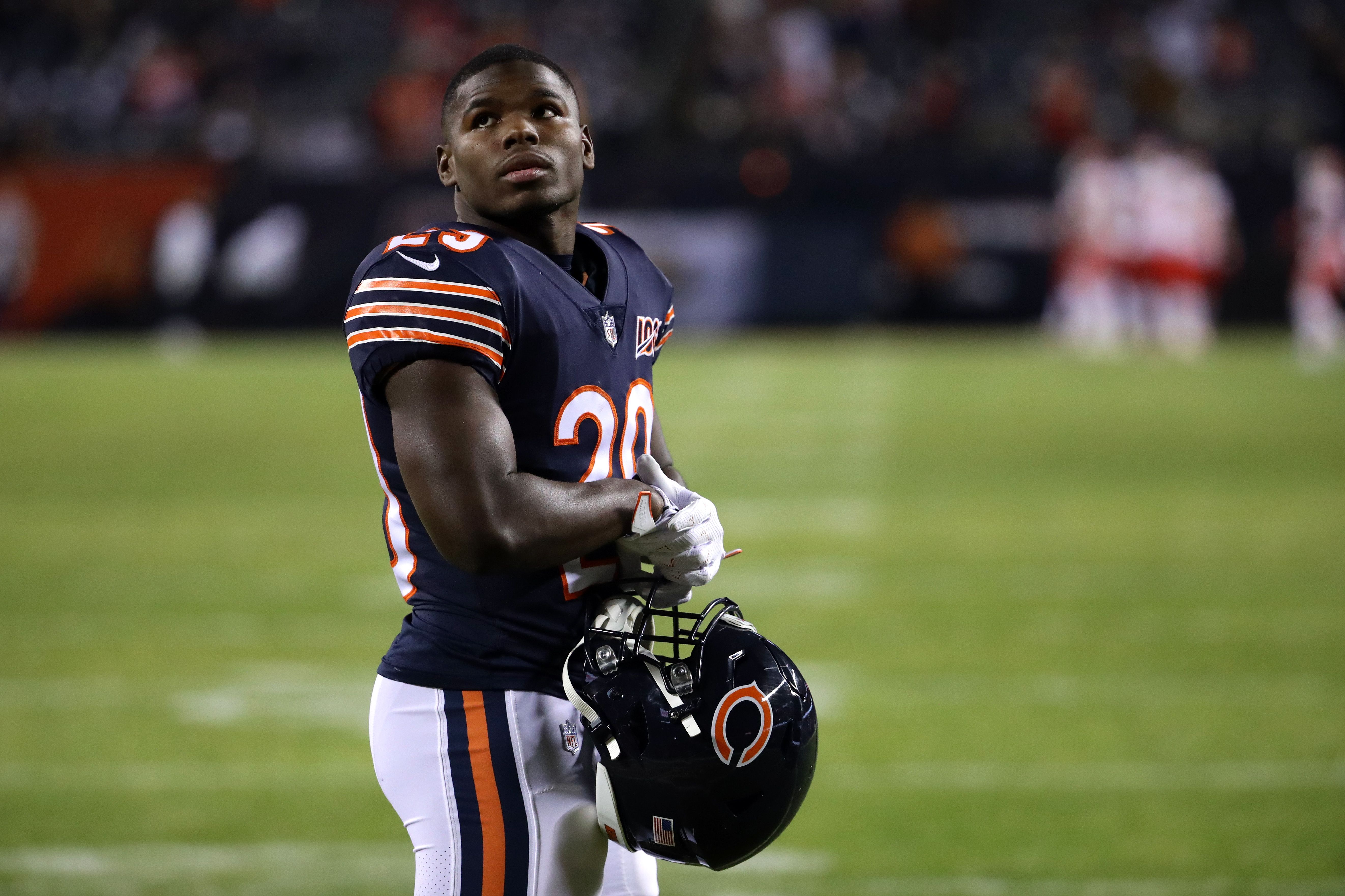 CHICAGO, ILLINOIS - DECEMBER 22: Running back Tarik Cohen #29 of the Chicago Bears looks on before playing against the Kansas City Chiefs at Soldier Field on December 22, 2019 in Chicago, Illinois. (Photo by Jonathan Daniel/Getty Images)