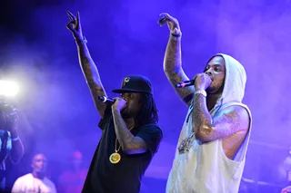 Look Ma - Waka Flocka Flame and Wale get the crowd on their feet at the Radio One Festival At Klipsch Amphitheater at Bayfront Park in Miami. The two performed their hit "No Hands." (Photo: Johnny Louis/WENN.com)