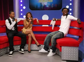 Lil Wayne - Terrence and Rocsi try to get a hint of Wayne's plans to top his "flaming" performance last year. (Photo credit: Frank Micelotta)