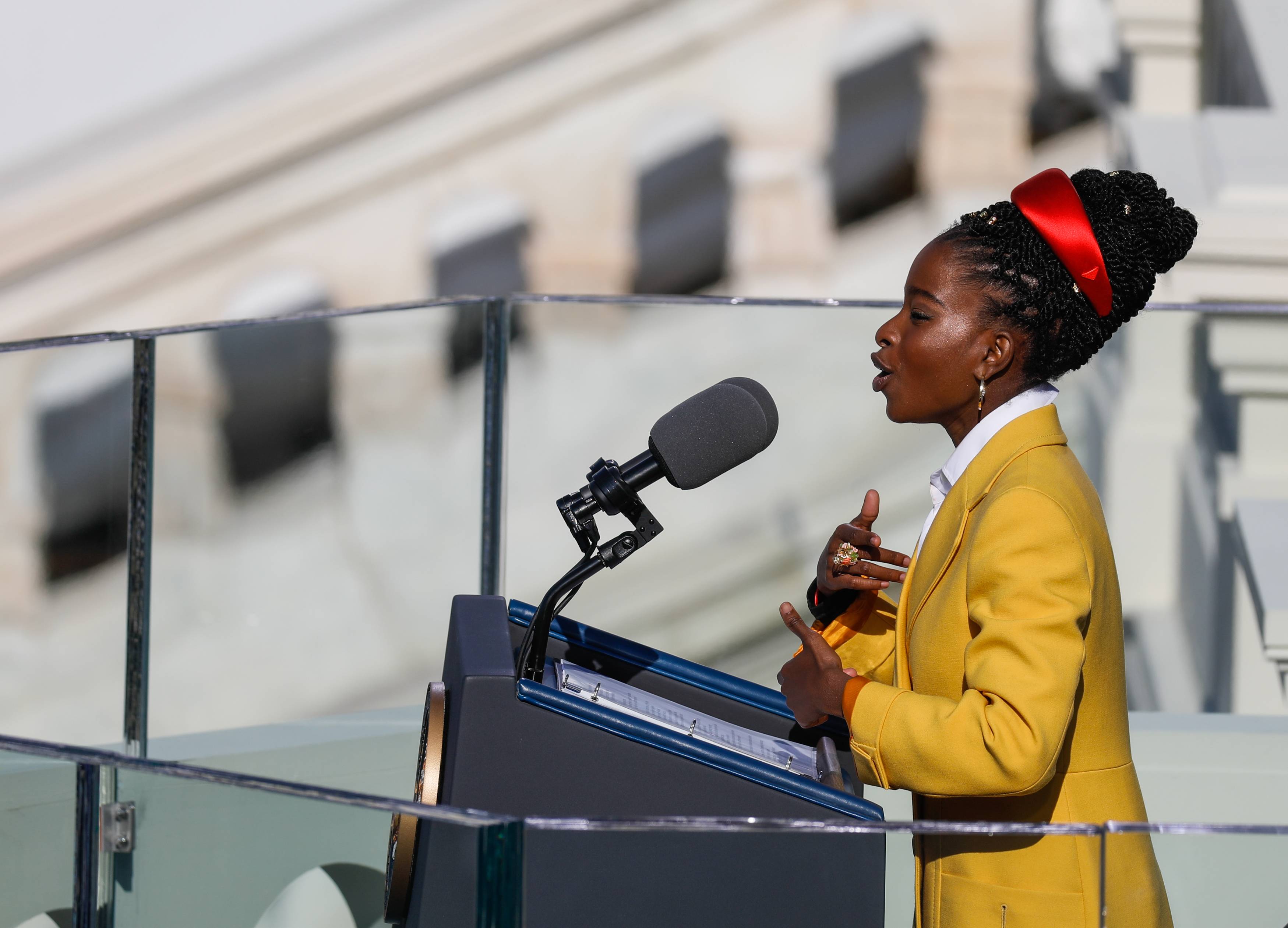 WASHINGTON, DC - JANUARY 20:  Poet Amanda Gorman recites a poem during the Presidential Inauguration on Wednesday, Jan. 20, 2021 in Washington, D.C. During today"u2019s inauguration ceremony Joe Biden becomes the 46th President of the United States and Kamala Harris becomes the Vice President. (Gabrielle Lurie / The San Francisco Chronicle via Getty Images)