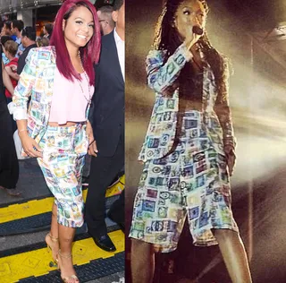 Christina Milian and Brandy - These two ladies rocked the same Topshop ensemble in the same week. But it’s Christina's pink crop top and magenta locks that take her passport-stamped two-piece up a notch.  (Photos from left: Ray Tamarra/Getty Images, Instagram via Brandy)