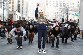 Leader of the Pack - Chris Brown dances with a huge crew at Rockefeller Center during an appearance on the Today show.&nbsp;(Photo: Peter Kramer/NBC/NBC NewsWire)