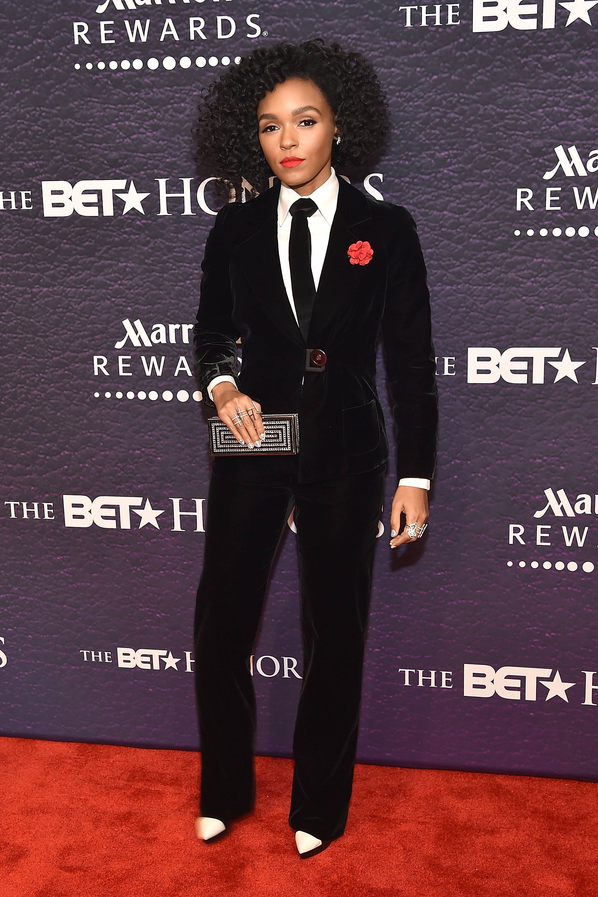 Suited Up - Janelle Monáe arrives in her signature black-and-white ensemble looking extremely sharp. (Photo:&nbsp;Paras Griffin/BET/Getty Images for BET)