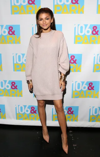 Zendaya - Don't sweat Z's 106 &amp; Park look because we got all the style deets here: a sweater dress&nbsp;by Mexican designer&nbsp;Alexia Ulibarri.(Photo: Bennett Raglin/BET/Getty Images for BET)