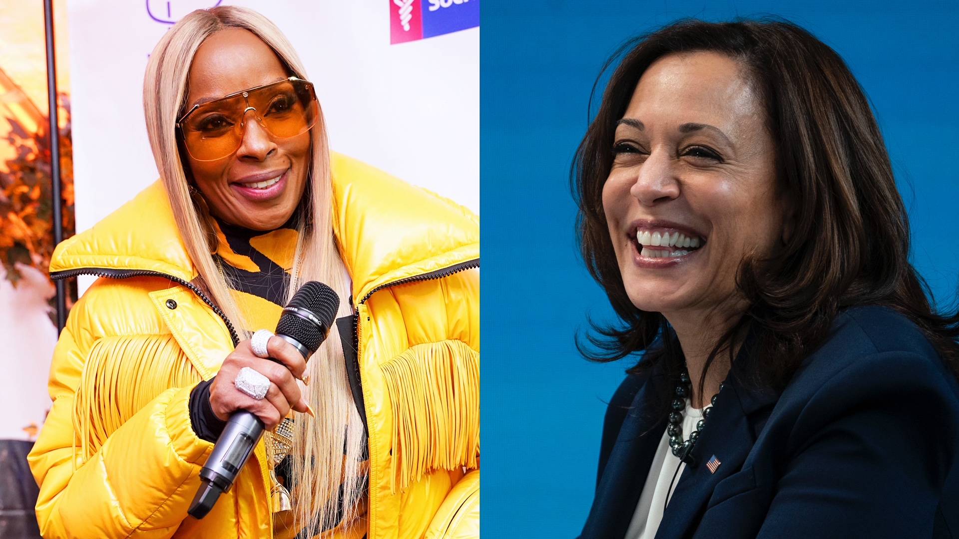 Mary J. Blige and Kamala Harris on BET Buzz 2021.