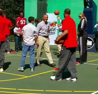 Trash Talk - President Barack Obama doesn’t mess around when it comes to basketball. Obama was caught on Instagram talking smack and getting competitive while playing ball at the White House last week with the Washington Wizards and local kids. The president even stepped to All-Star Paul Pierce. "That's three in a row! What you got to say?!" he told the baller in a video that went viral. Where were those NBA refs when Pierce needed them?  (Photo:&nbsp;WashWizards via Instagram)