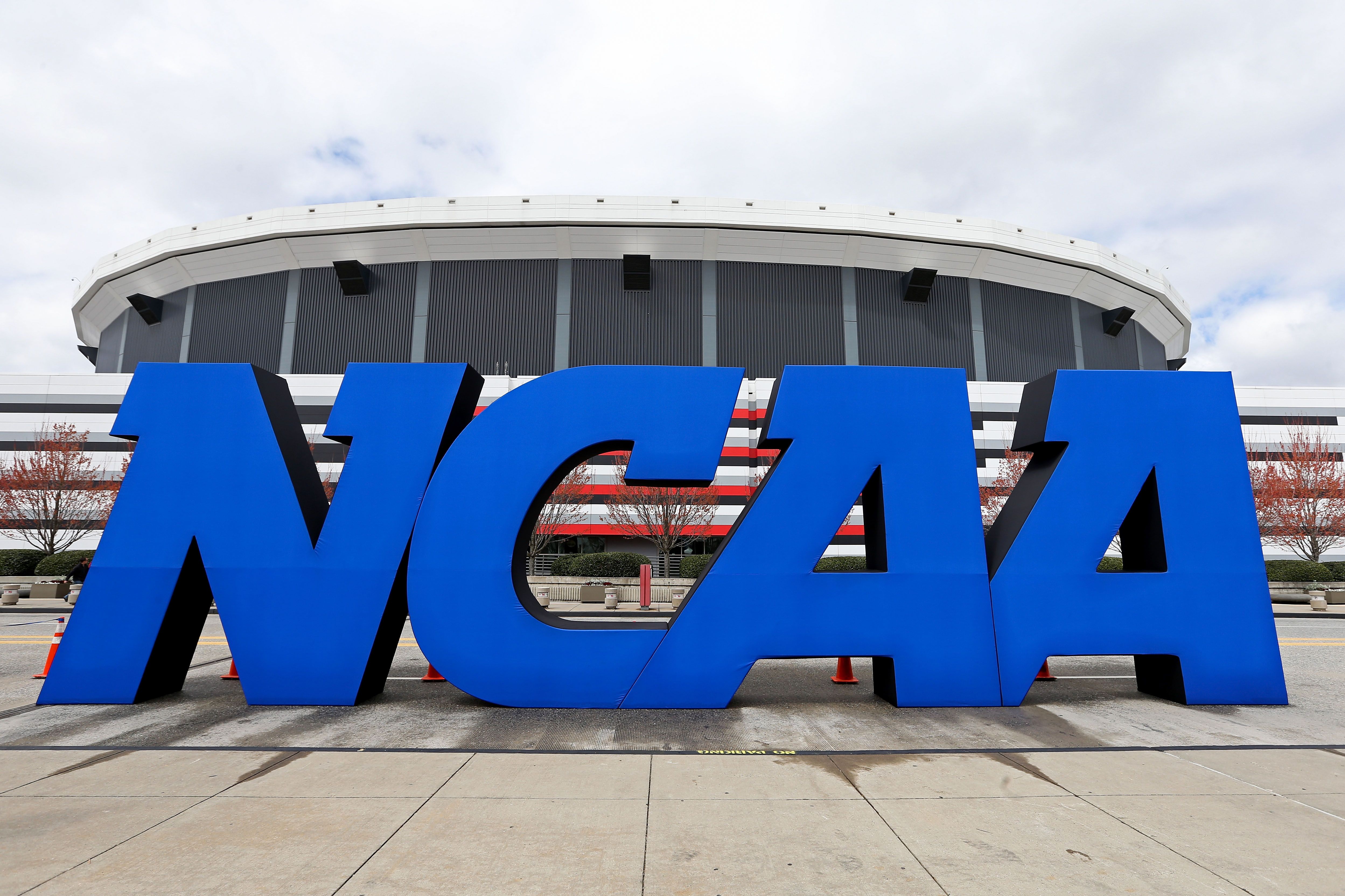 ATLANTA, GA - APRIL 05:  A detail of giant NCAA logo is seen outside of the stadium on the practice day prior to the NCAA Men's Final Four at the Georgia Dome on April 5, 2013 in Atlanta, Georgia.  (Photo by Streeter Lecka/Getty Images)