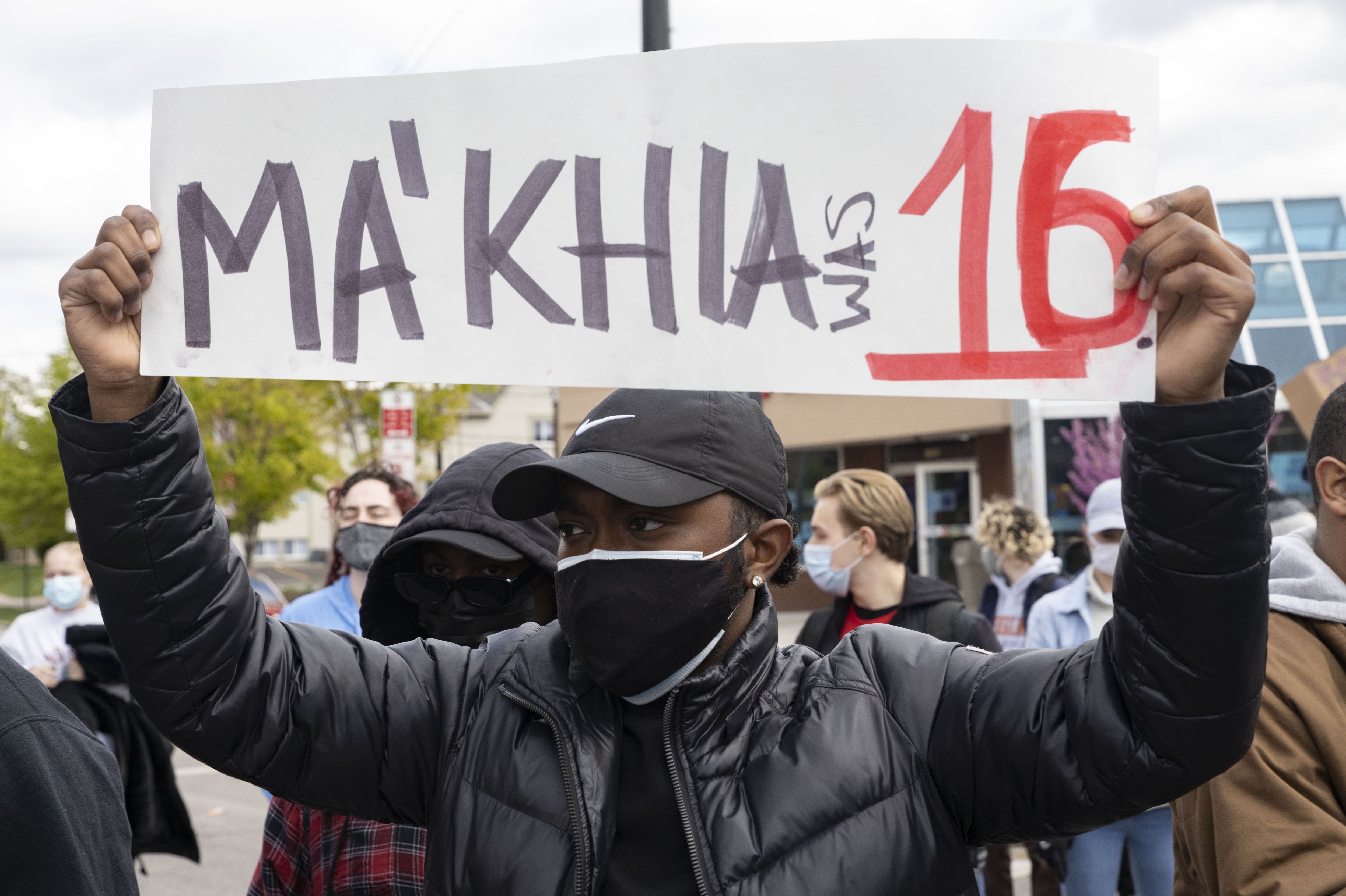 COLUMBUS, OHIO, UNITED STATES - 2021/04/21: Black Lives Matter activist holds a placard protesting the police killing of Ma’Khia Bryant, 16, during the demonstration.
Ohio State University (OSU) Students staged a sit-in demonstration in reaction to the police shooting and killing of Ma’Khia Bryant, 16, the day before. Activists demanded that The Ohio State University sever ties with the Columbus Police Department to keep their minority students safe. (Photo by Stephen Zenner/SOPA Images/LightRocket via Getty Images)
