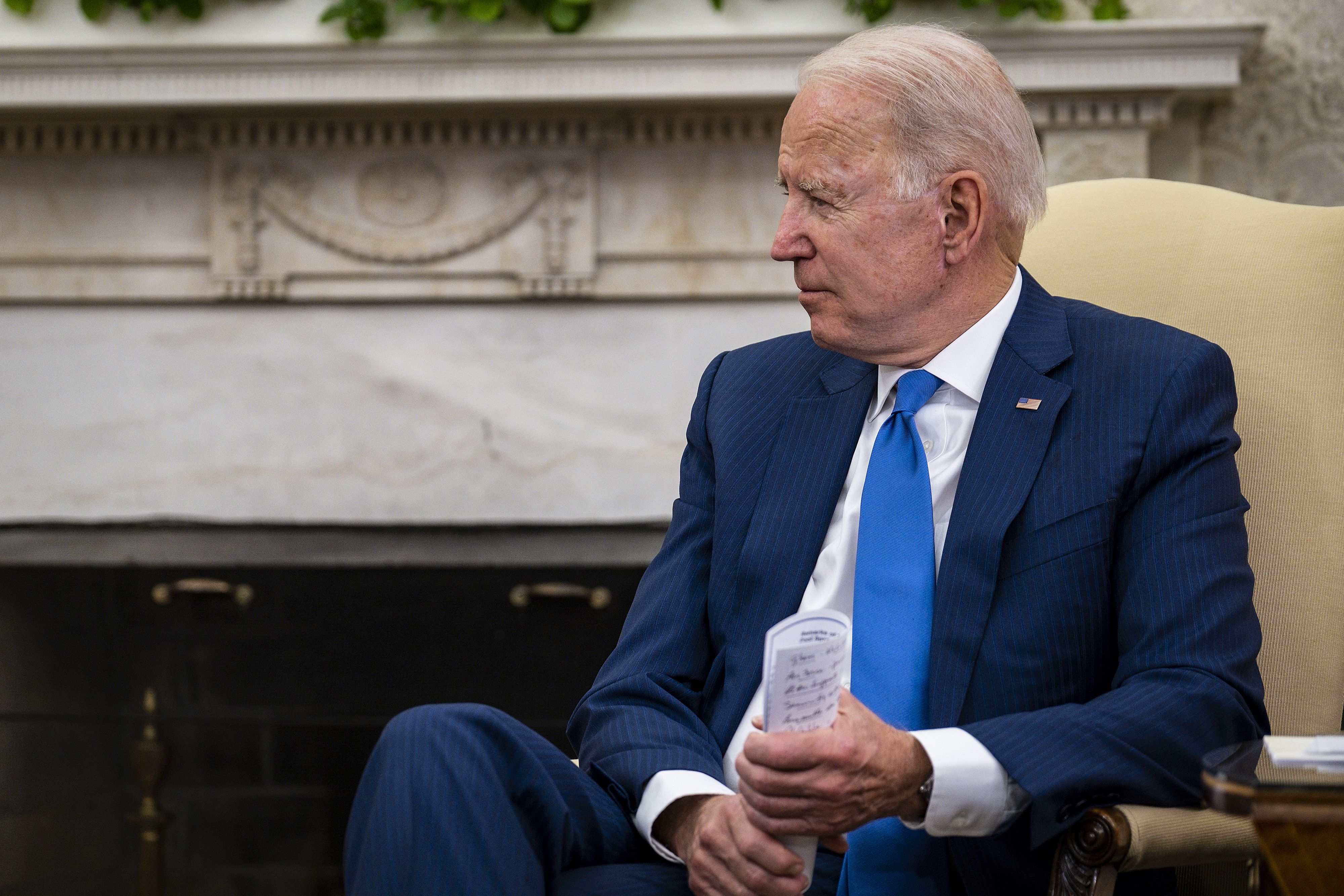 WASHINGTON, DC - JUNE 25: U.S. President Joe Biden makes brief remarks while hosting Afghanistan President Ashraf Ghani and Dr. Abdullah Abdullah, Chairman of the High Council for National Reconciliation, in the Oval Office at the White House June 25, 2021 in Washington, DC. Biden announced in April that he was pulling all U.S. forces from Afghanistan and ending Americaâs longest war by September 11. (Photo by Pete Marovich-Pool/Getty Images)