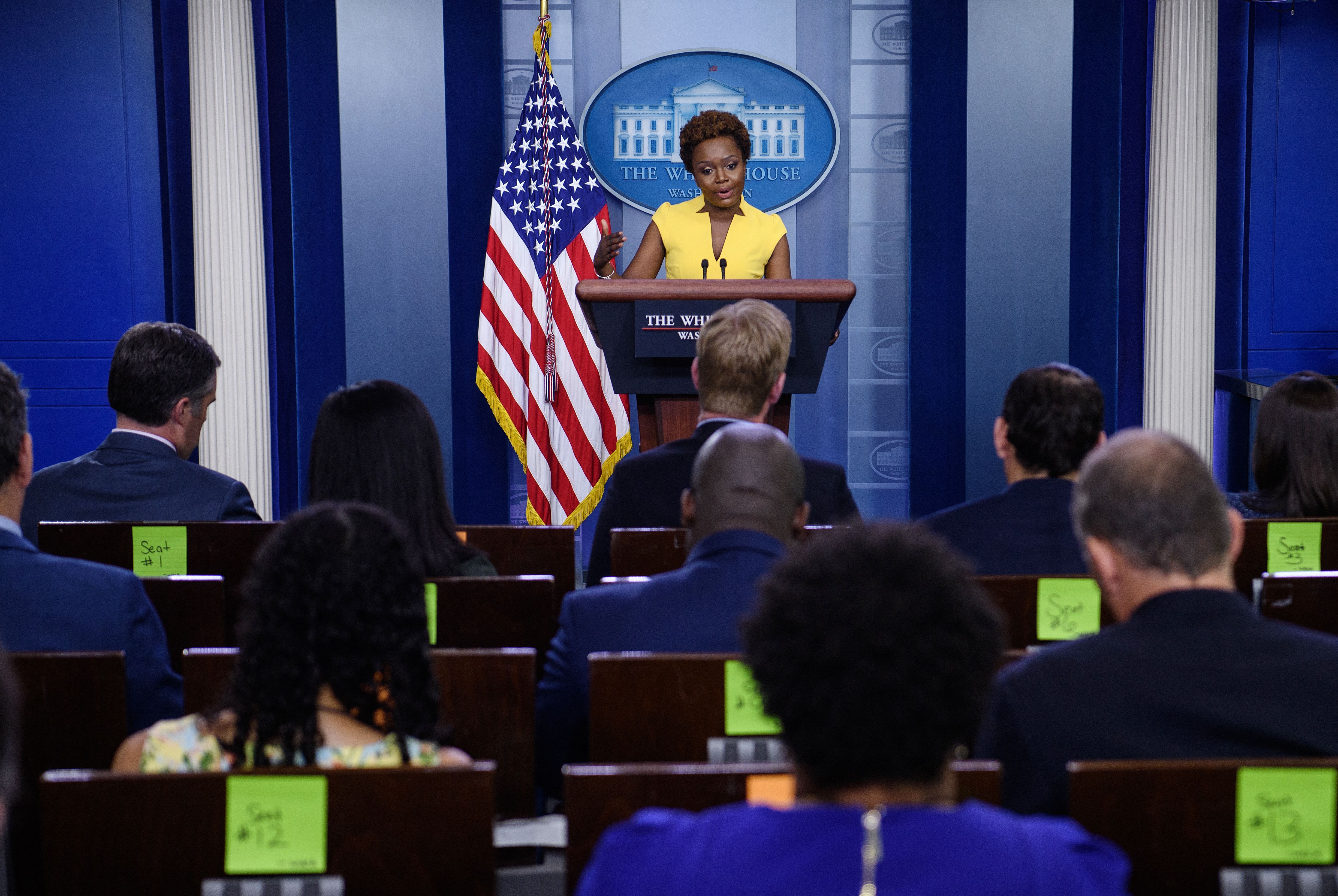 White House Deputy Press Secretary Karine Jean-Pierre speaks during a press briefing in the Brady Briefing Room of the White House in Washington, DC on May 26, 2021. (Photo by Nicholas Kamm / AFP) (Photo by NICHOLAS KAMM/AFP via Getty Images)