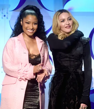 Nicki and Madge - Nicki Minaj&nbsp;and Madonna take the stage at the Tidal launch event #TIDALforALL at Skylight inside Moynihan Station in New York City.(Photo: Jamie McCarthy/Getty Images for Roc Nation)