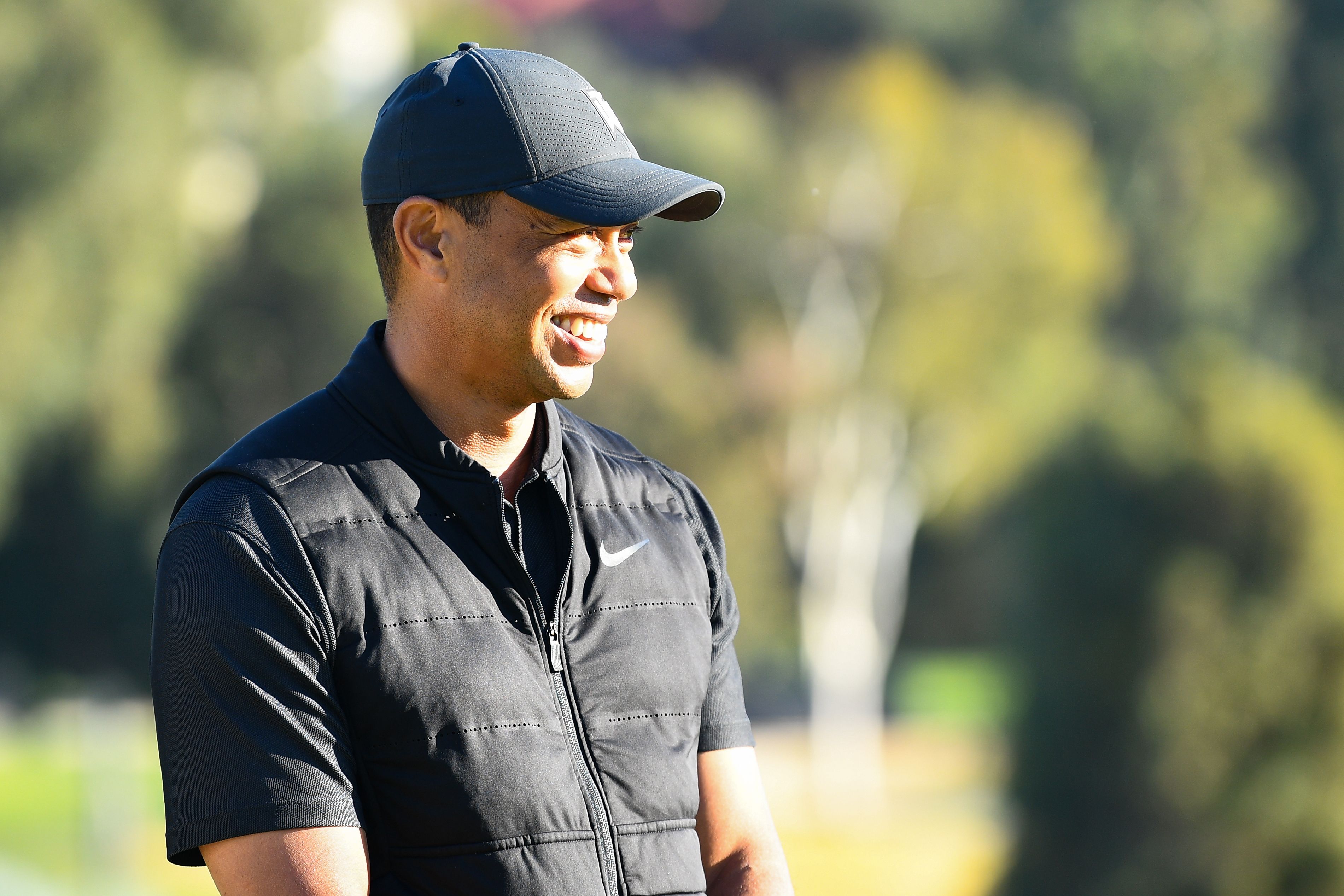 PACIFIC PALISADES, CA - FEBRUARY 21: Tiger Woods looks on during the trophy ceremony after the final round of The Genesis Invitational golf tournament at the Riviera Country Club in Pacific Palisades, CA on February 21, 2021. The tournament was played without fans due to the COVID-19 pandemic.(Photo by Brian Rothmuller/Icon Sportswire via Getty Images)
