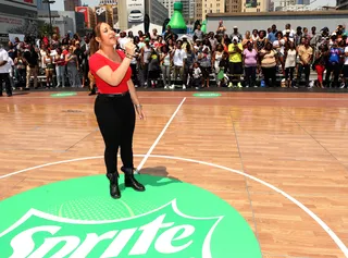 Banner Moment - X Factor winner Melanie Amaro set things off properly at the Sprite court with a stirring performance of the national anthem.(Photo: Jesse Grant/Getty Images for BET)