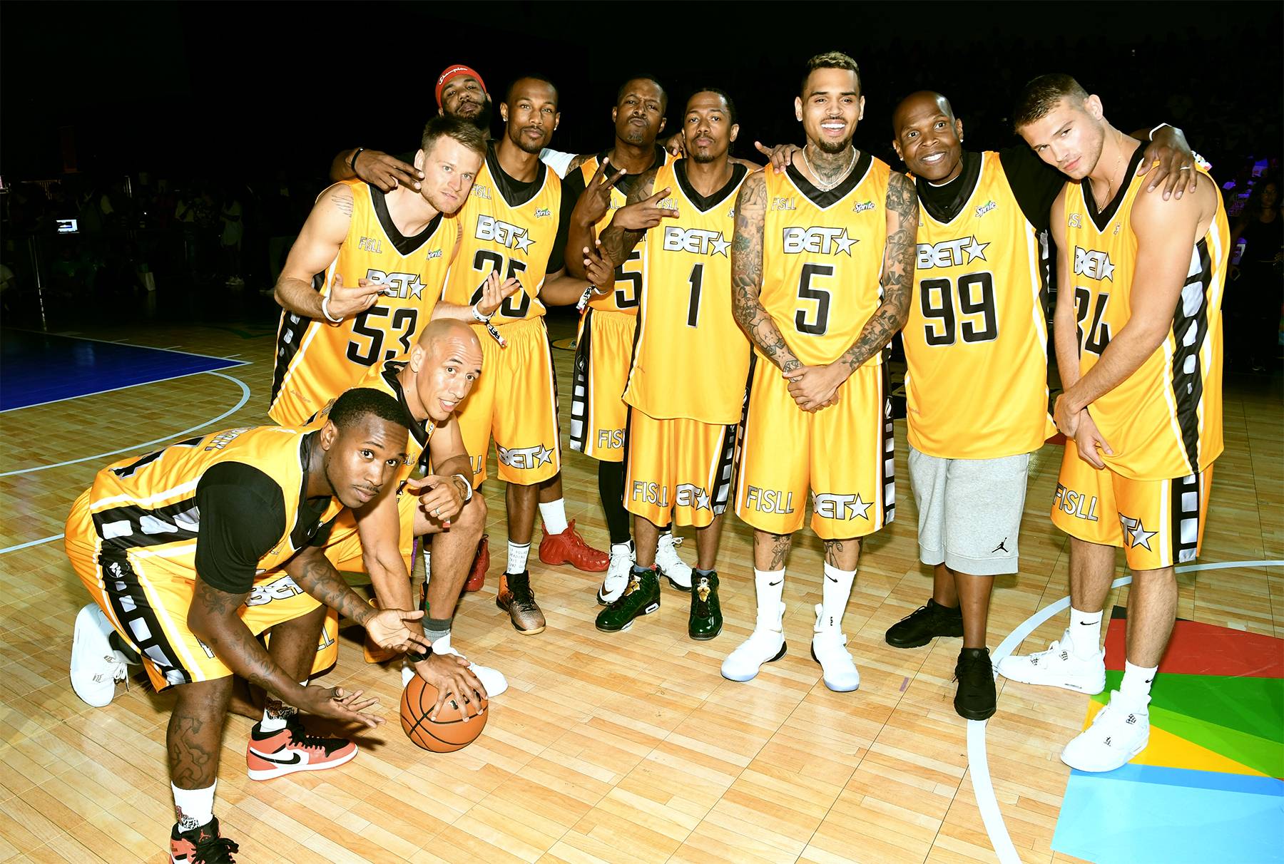 LOS ANGELES, CA - JUNE 24: (L-R) Doug Christie, Rafal 'Lipek' Lipinski, The Game, Chris Staples, Nick Cannon, Chris Brown, Big Boy and Matthew Noszka at the Celebrity Basketball Game, presented by Sprite and State Farm, during the 2017 BET Experience, at Los Angeles Convention Center on June 24, 2017 in Los Angeles, California. (Photo: Paras Griffin/Getty Images for BET)&nbsp;