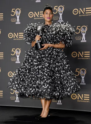 2019: Tracee accept sher award wearing a black and white tulle designer gown. - (Photo: Getty Images)