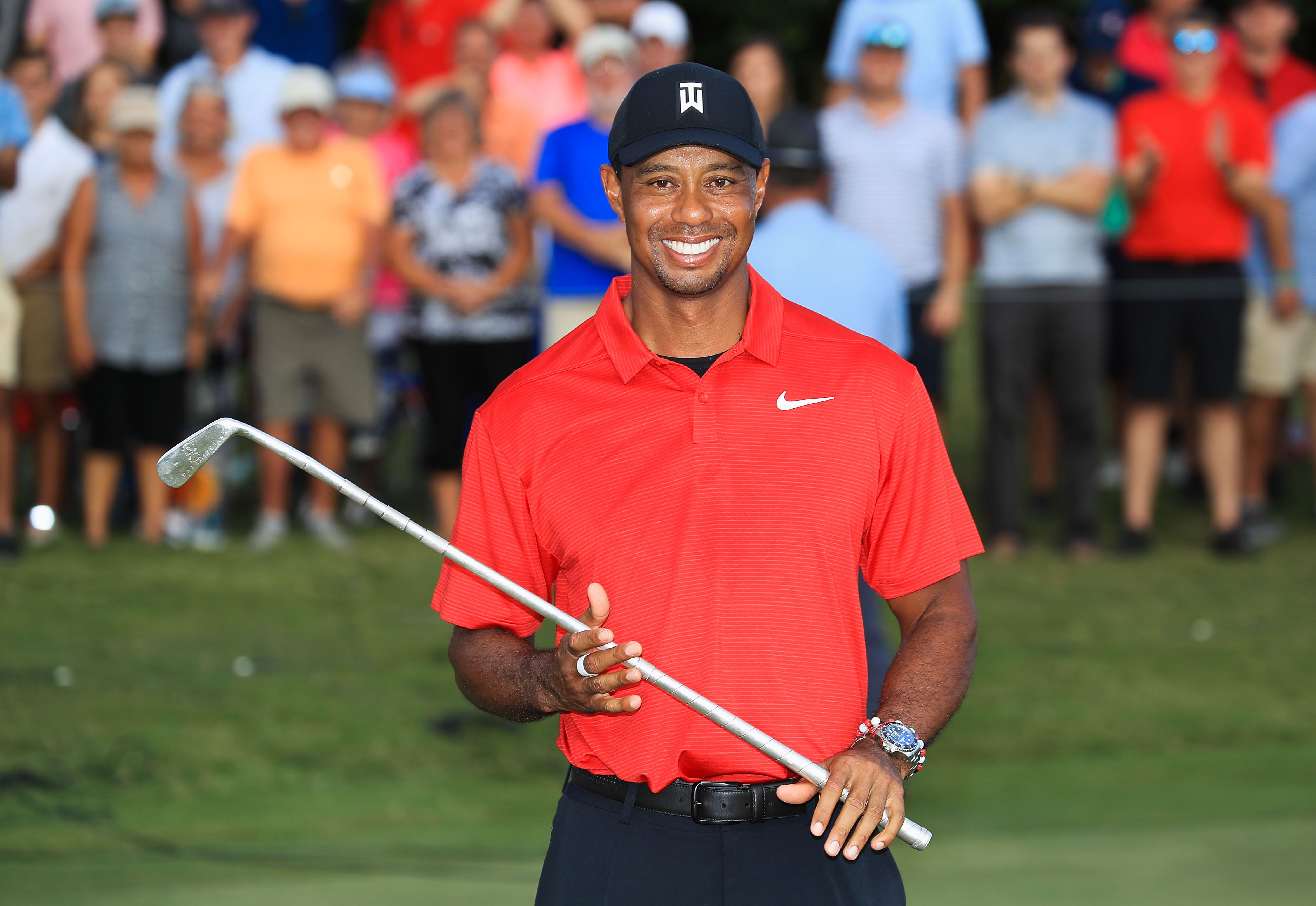 ATLANTA, GA - SEPTEMBER 23:  Tiger Woods of the United States poses with the trophy after winning the TOUR Championship at East Lake Golf Club on September 23, 2018 in Atlanta, Georgia.  (Photo by Sam Greenwood/Getty Images)