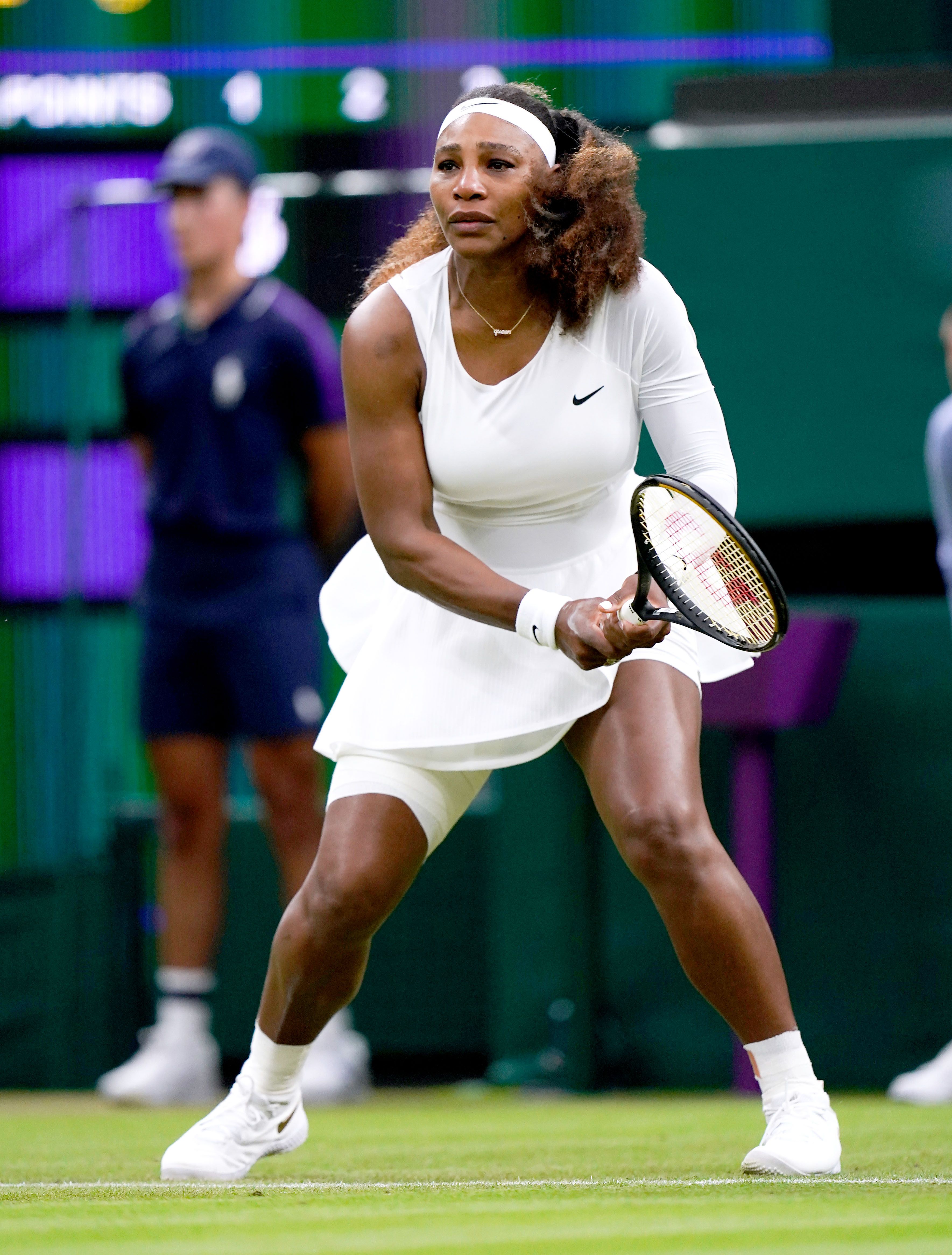 Serena Williams in action during her first round ladies' singles match against Aliaksandra Sasnovich on centre court on day two of Wimbledon at The All England Lawn Tennis and Croquet Club, Wimbledon. Picture date: Tuesday June 29, 2021. (Photo by Adam Davy/PA Images via Getty Images)