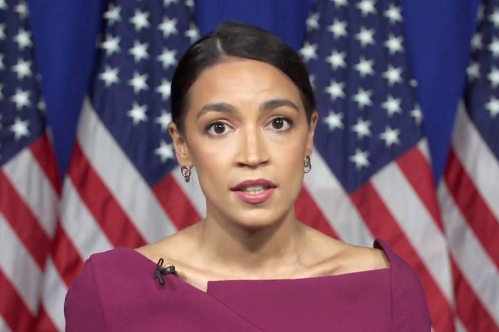 MILWAUKEE, WI - AUGUST 18: In this screenshot from the DNCCâs livestream of the 2020 Democratic National Convention, Rep. Alexandria Ocasio-Cortez (D-NY) addresses the virtual convention on August 18, 2020.  The convention, which was once expected to draw 50,000 people to Milwaukee, Wisconsin, is now taking place virtually due to the coronavirus pandemic.  (Photo by DNCC via Getty Images)  (Photo by Handout/DNCC via Getty Images)