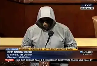 Bobby Rush Reprimanded for Hoodie on House Floor - Rep. Bobby Rush took a stand for slain teenager Trayvon Martin and by wearing a symbolic hoodie on the House floor. “Racial profiling has to stop. Just because someone wears a hoodie does not make them a hoodlum,&quot; he said. Rush was&nbsp;escorted away and reprimanded.  (Photo: C-Span)