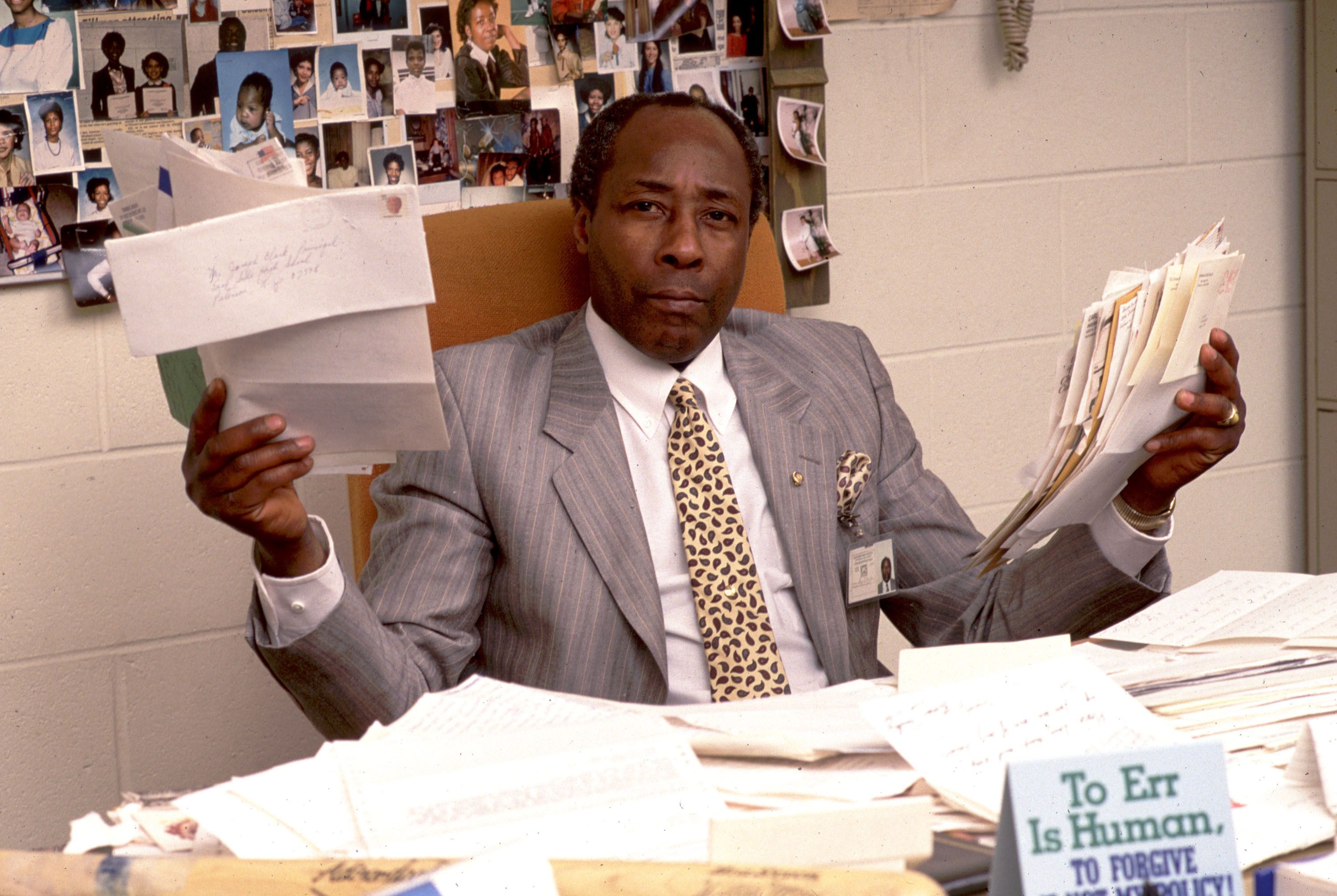 047165 01: High school principal Joe Clark of East Side High School poses for a set up in Paterson NJ, January 7, 1988. (Photo by Yvonne Hemsey/Liaison)
