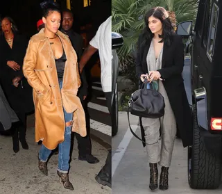 Rihanna and Kylie Jenner - The ANTI songstress nails cool street style in these Dior lace pointed-toe booties. It's an L for Kylie's pajama jumpsuit with the shoes.  (Photo from left: PacificCoastNews, PacificCoastNews)