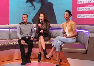 Oh Know You Didn't? - Hosts Bow Wow and Keshia Chanté try to calm the livest audience of their excitement over Zoe Saldana. (Photo: Bennett Raglin/BET/Getty Images)