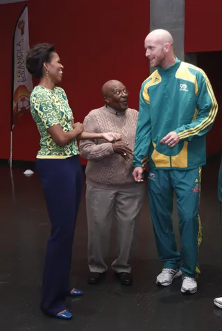 Soccer Star - Obama and Tutu chat with South African soccer player Matthew Booth.(Photo: AP Photo/Charles Dharapak, Pool)