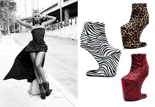 Kaleena in Bettie Page Platform Heels   - The Dirty Money singer stood solo in a pair of obscure animal-print wedges she paired with a Jil Sanders dress while shooting promos for her single “Go to Work.”  (Photos from left: Courtesy Bad Boy Records, Bettie Page/Ellie Shoes)