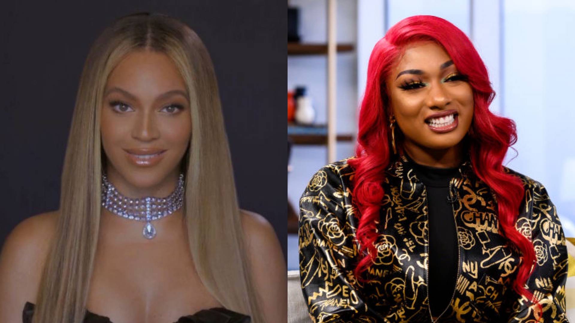 Beyoncé and Megan Thee Stallion on BET Buzz 2020.