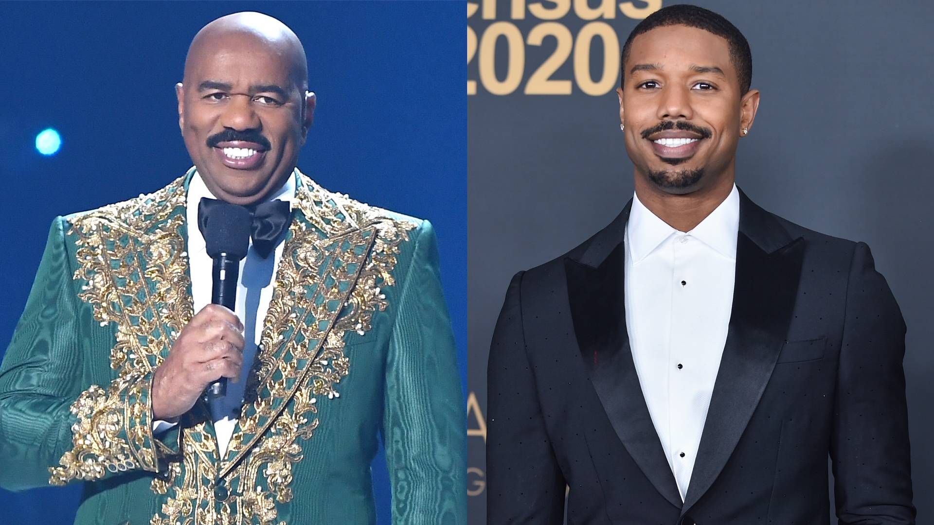 Steve Harvey and Michael B. Jordan on BET Buzz 2021.