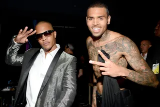 Trouble Men - T.I. and Chris Brown strike a pose following Breezy's show-starting performance.  &nbsp;(Photo: Kevin Mazur/BET/Getty Images for BET)