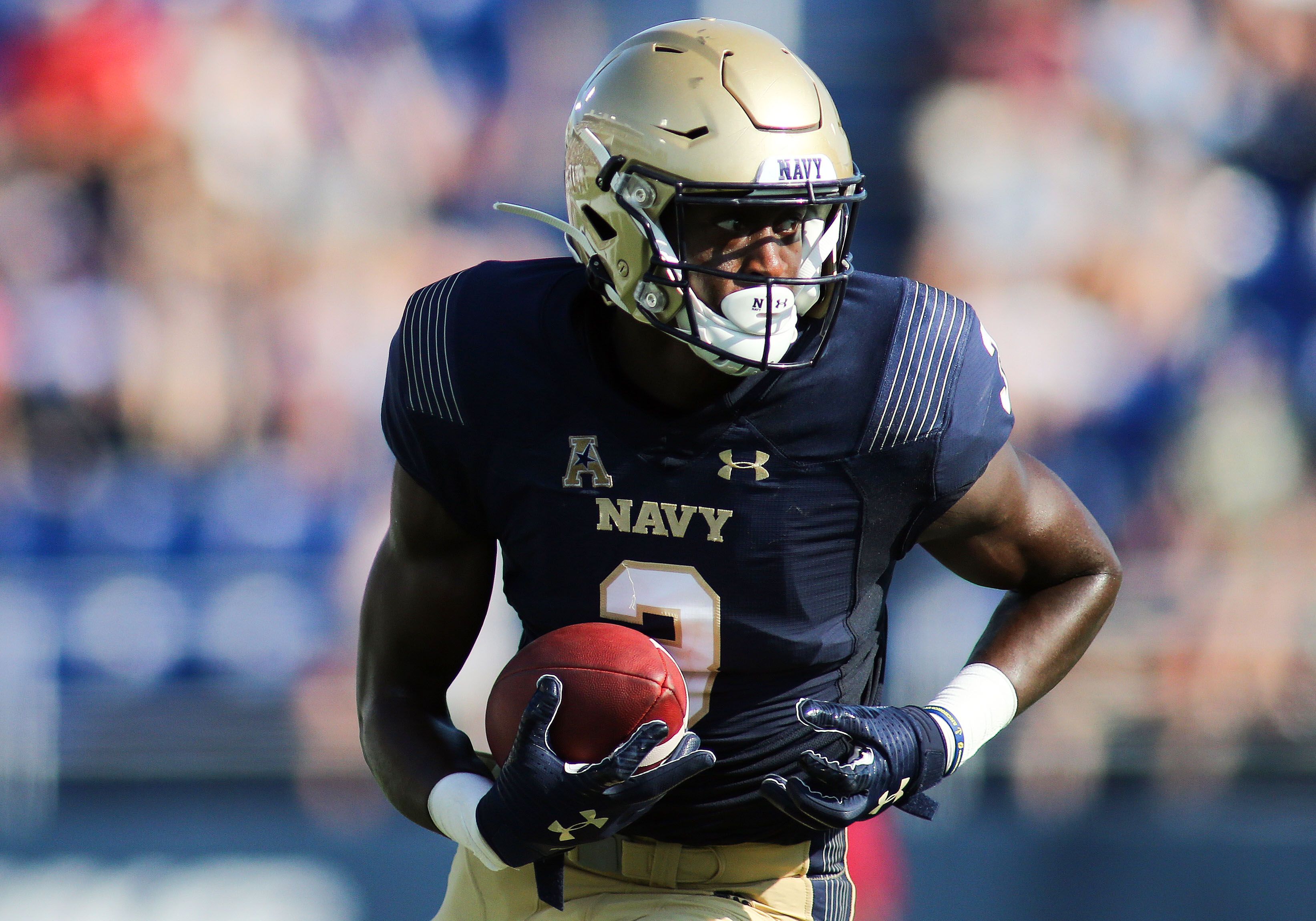 ANNAPOLIS, MD - AUGUST 31: Navy Midshipmen cornerback Cameron Kinley (3) in action during an NCAA Football match between the Navy Midshipmen and Holy Cross Crusaders on August 31, 2019, at Navy-Marine Corps Memorial Stadium in Annapolis, MD. (Photo by Daniel Kucin Jr./Icon Sportswire via Getty Images)