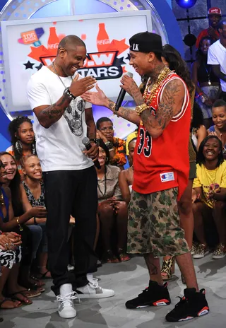 Maino Daps Tyga - Congratulating him on a job well done cohosting 106 &amp; Park the past couple of days. (Photo: Brad Barket/PictureGroup)