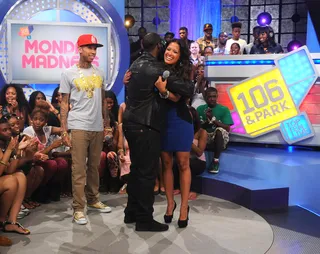 Hugs - Johnny showing love to Rocsi. (Photo: Brad Barket/PictureGroup)