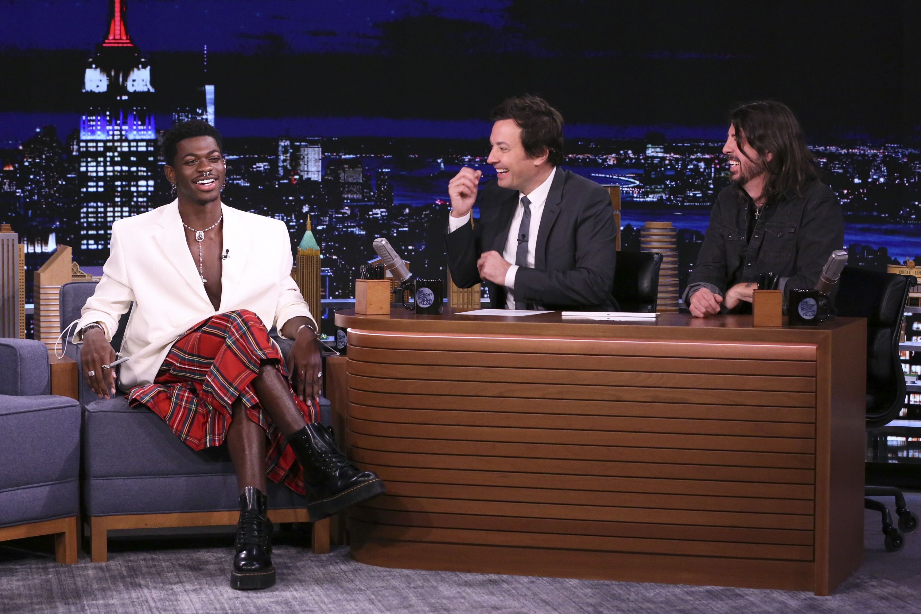 THE TONIGHT SHOW STARRING JIMMY FALLON -- Episode 1469 -- Pictured: (l-r) Singer Lil Nas X during an interview with host Jimmy Fallon and musician Dave Grohl on Monday, May 24, 2021 -- (Photo By: Andrew Lipovsky/NBC/NBCU Photo Bank via Getty Images)