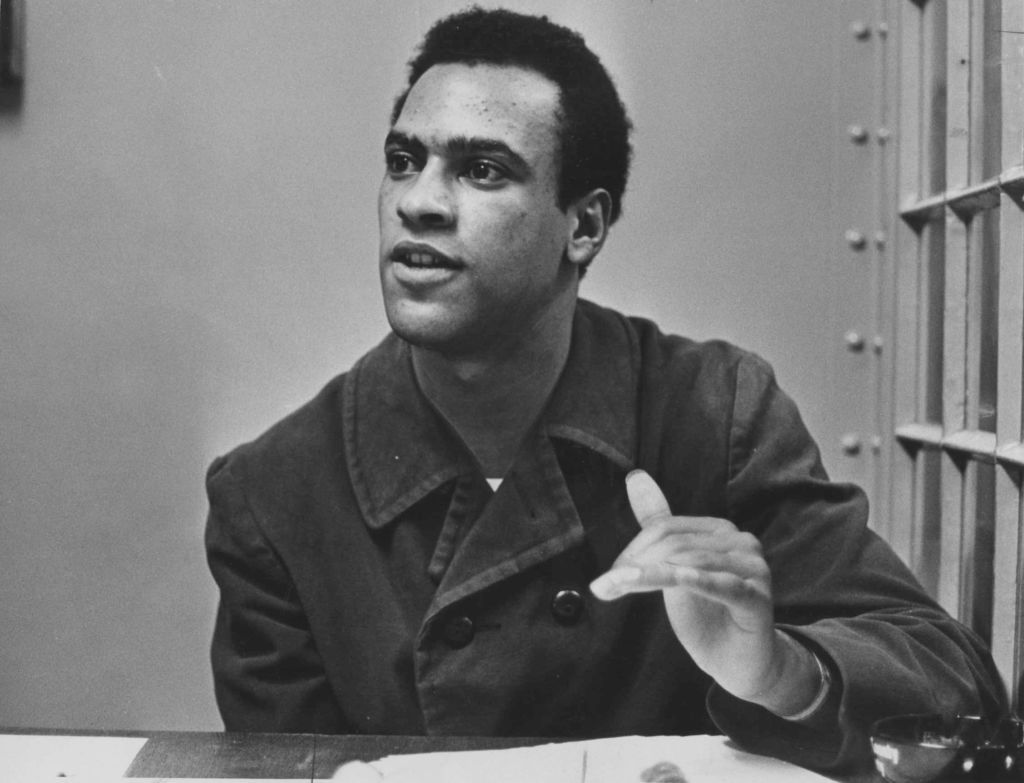 Oakland, CA February 29, 1968 - Huey Newton is interviewed at the Alameda County Courthouse. (Howard Erker / Oakland Tribune)Published September 27, 1968; May 30, 1970.(Digital First Media Group/Oakland Tribune via Getty Images)