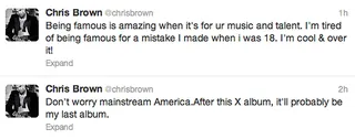 Early Retirement - And now it looks like the 24-year-old pop star is contemplating early retirement. Hopefully Chris Brown is just having an off day and decides to stay in the game.   (Photo: Twitter via Chris Brown)