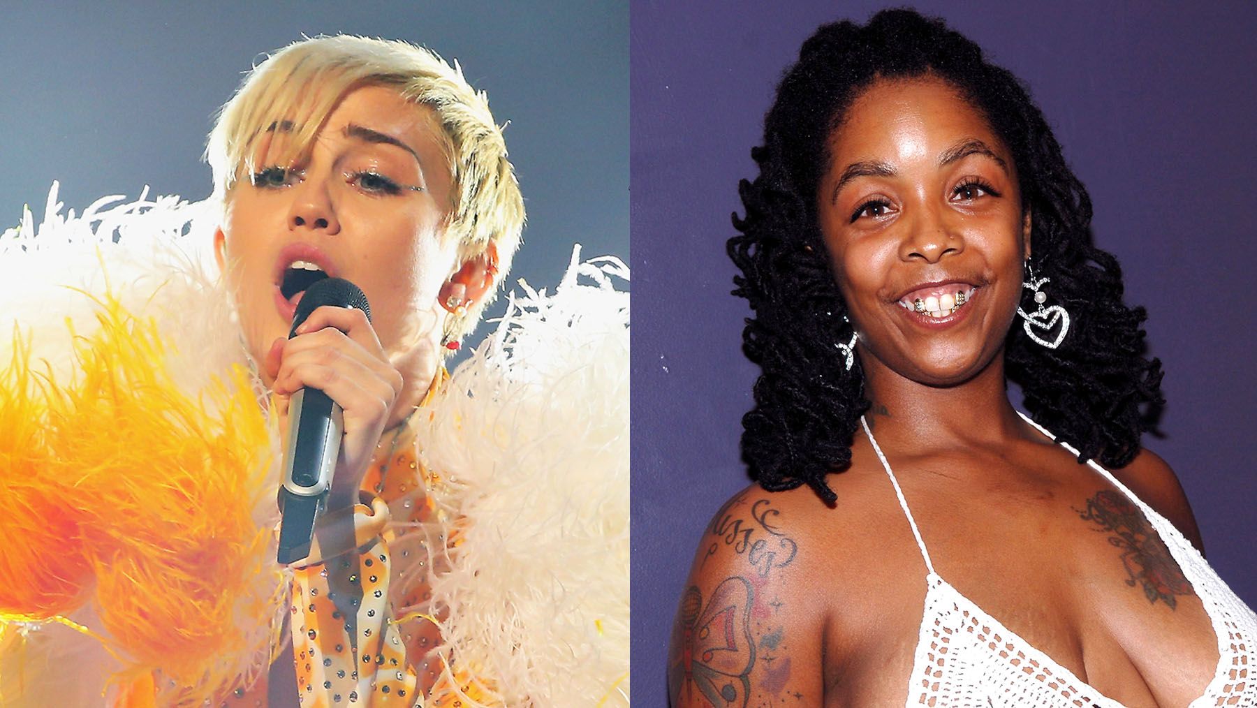 Miley Cyrus demanding an audience to sing along to her version of Khia's "My Neck, My Back": - "You need to sing that s**t!&nbsp; Do you know how many times today I turned on the radio and some man is telling me to suck his d**k? 'Yo, b***h, suck my d**k!' Eat my f*****g p**y!"(Photos from left: Scott Barbour/Getty Images, Ray Tamarra/Getty Images)