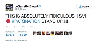 LeGarrette Blount @LG_Blount - To say that the&nbsp;New England Patriots'&nbsp;running back was heated would be an understatement.(Photo: LeGarrette Blount via Twitter)