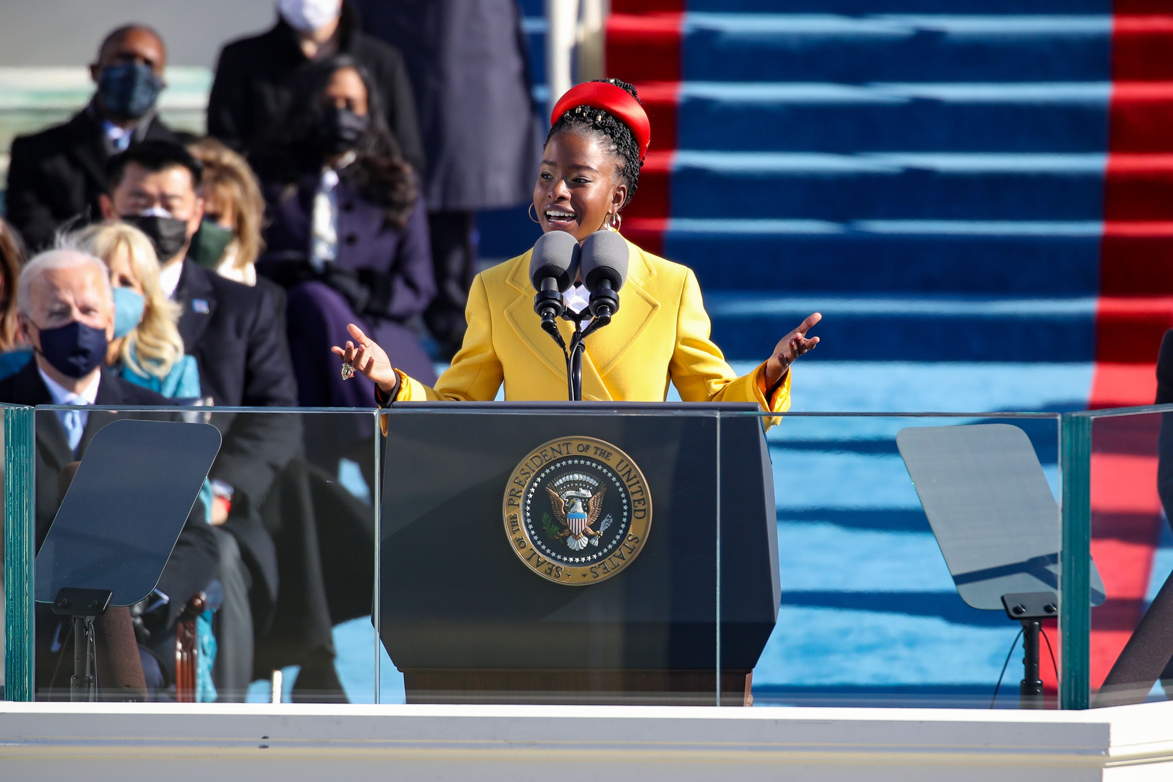 WASHINGTON, DC - JANUARY 20: Youth Poet Laureate Amanda Gorman speaks at the inauguration of U.S. President Joe Biden on the West Front of the U.S. Capitol on January 20, 2021 in Washington, DC.  During today's inauguration ceremony Joe Biden becomes the 46th president of the United States. (Photo by Rob Carr/Getty Images)
