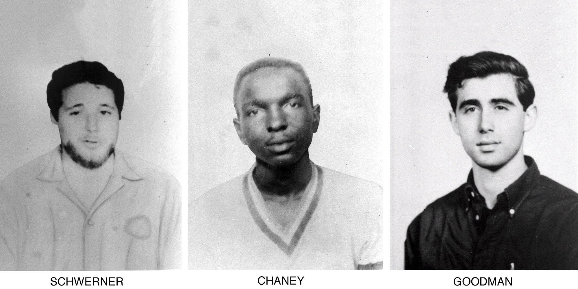 FILE - On June 29, 1964, the FBI began distributing these pictures of civil rights workers, from left, Michael Schwerner, 24, of New York, James Cheney, 21, from Mississippi, and Andrew Goodman, 20, of New York, who disappeared near Philadelphia, Miss., June 21, 1964. Never before seen case files, photographs and other records documenting the investigation into the infamous slayings of the three civil rights workers in Mississippi are now open to the public announced on Monday, June 21, 2021, for the first time, 57 years after their deaths. The 1964 killings of civil rights activists Chaney, Goodman, and Schwerner in Neshoba County sparked national outrage and helped spur passage of the 1964 Civil Rights Act. (AP Photo/FBI, File)