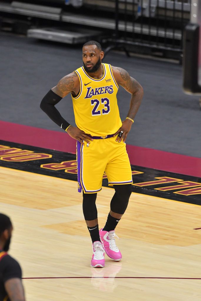 CLEVELAND, OHIO - JANUARY 25: LeBron James #23 of the Los Angeles Lakers pauses during the second half against the Cleveland Cavaliers at Rocket Mortgage Fieldhouse on January 25, 2021 in Cleveland, Ohio. The Lakers defeated the Cavaliers 115-108. NOTE TO USER: User expressly acknowledges and agrees that, by downloading and/or using this photograph, user is consenting to the terms and conditions of the Getty Images License Agreement. (Photo by Jason Miller/Getty Images)