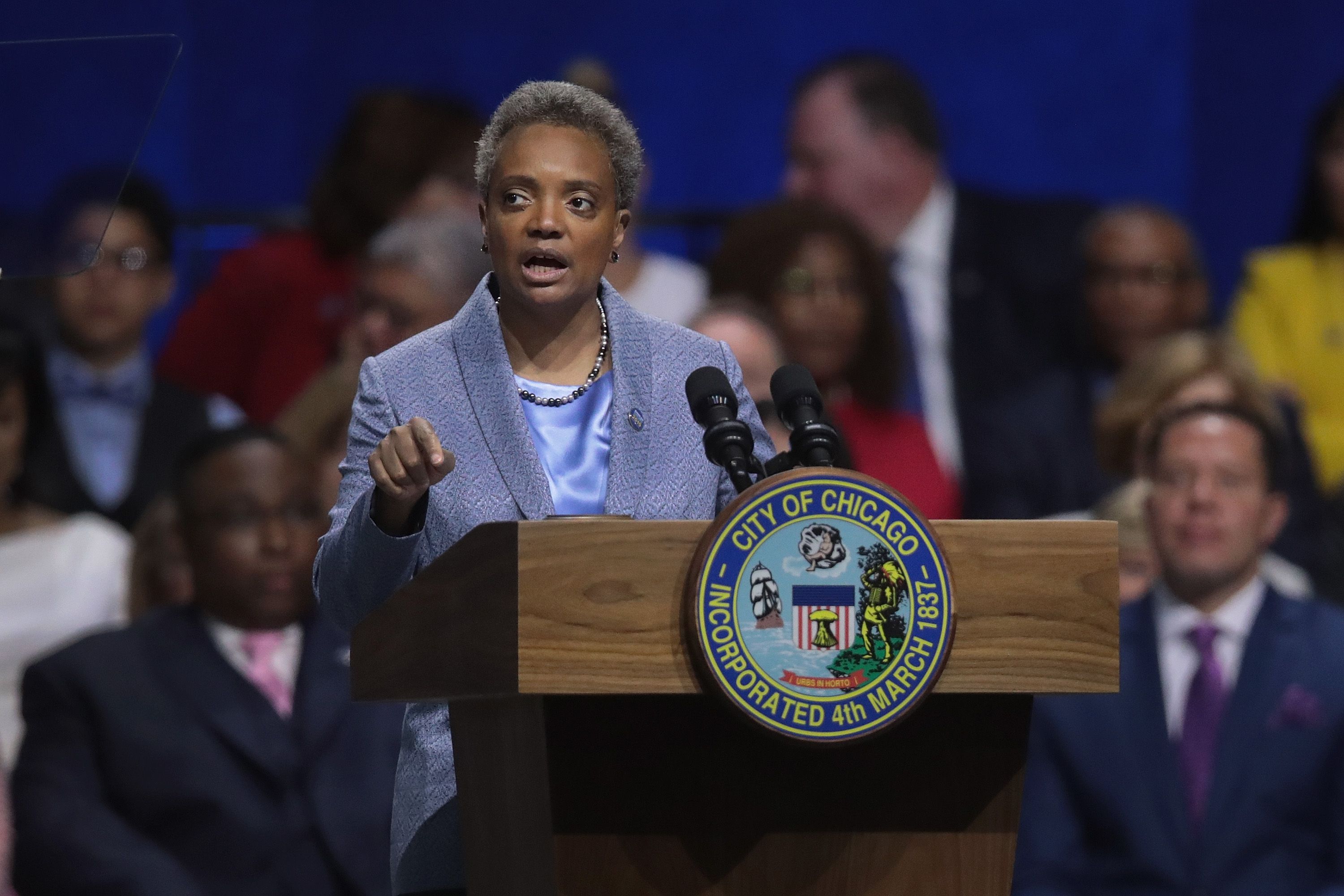 CHICAGO, ILLINOIS - MAY 20:  Lori Lightfoot addresses guests after being sworn in as Mayor of Chicago during a ceremony at the Wintrust Arena on May 20, 2019 in Chicago, Illinois. Lightfoot become the first black female and openly gay Mayor in the cityâs history.  (Photo by Scott Olson/Getty Images)