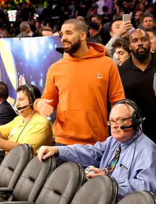 Drake - Hip-hop megastar Drake is courtside at the Staples Center in Downtown Los Angeles to watch the Lakers versus the Golden State Warriors.&nbsp; (Photo: Jerry Perez, PacificCoastNews)