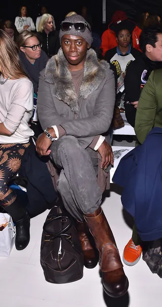 Miss J. Alexander - Runway coach extraordinaire Miss J is comfy in head-to-ankle grey with fur accents and sleek boots at the Tadashi Shoji show.   (Photo: Mike Coppola/Getty Images for Mercedes-Benz Fashion Week)