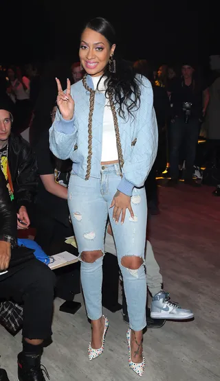 La La Anthony - La goes denim&nbsp;on denim in sexy ripped jeans and a quilted jacket at the VFiles Made Fashion show. (Photo: Jemal Countess/Getty Images for VFILES)