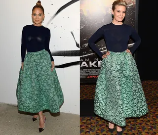 Jennifer Lopez and Maggie Grace - It is never a competition when J.Lo is involved. The Latina star is the clear winner in her green Christian Siriano tea-length skirt. (Photos from left: Dimitrios Kambouris/Getty Images, Andrew H. Walker/Getty Images)