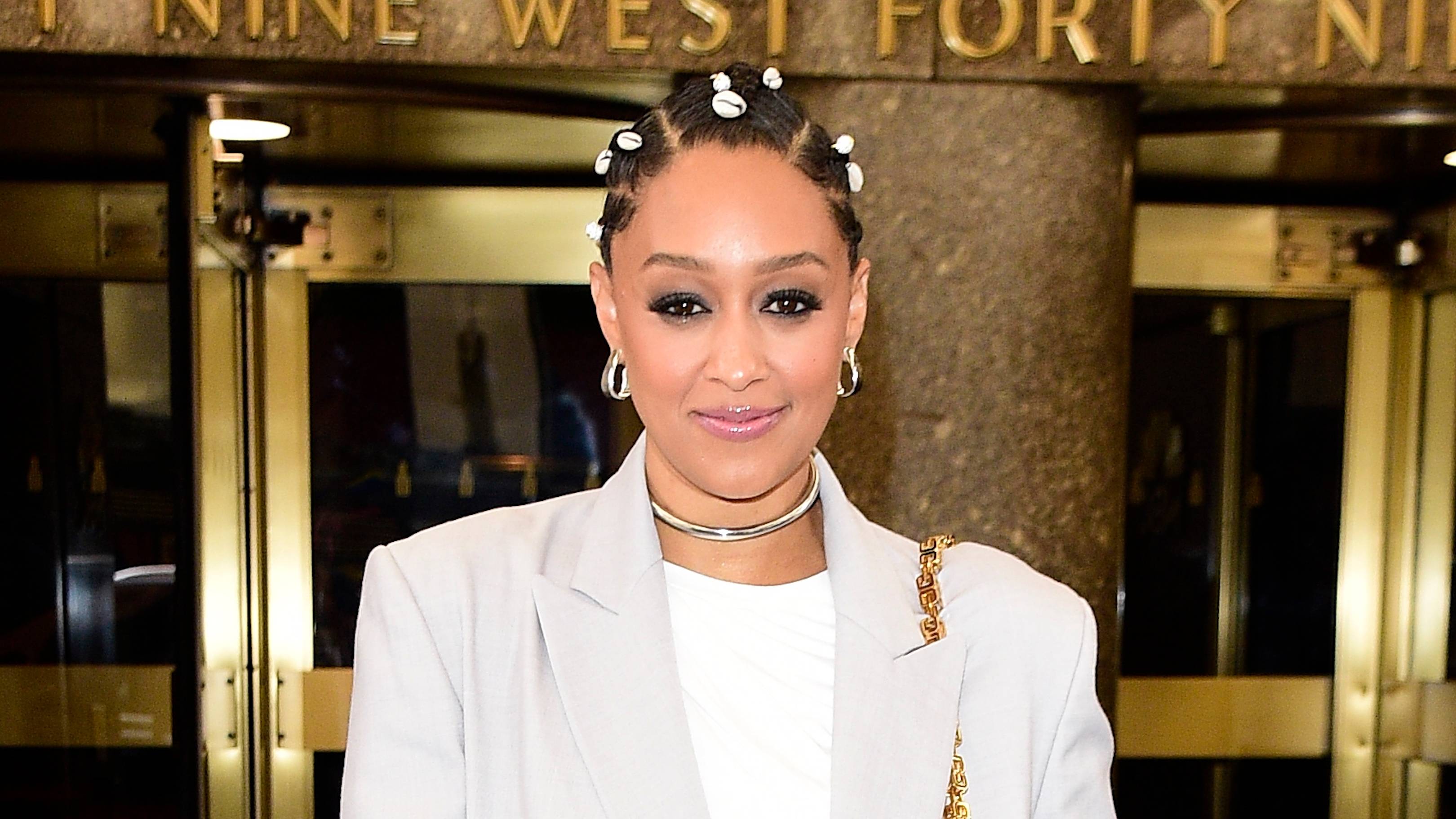 Tia Mowry is seen outside "The Today Show" on November 16, 2022 in New York City.