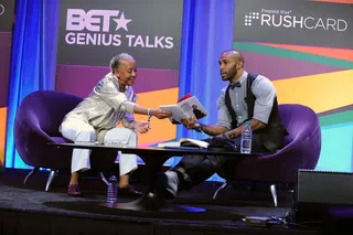 Giving Thanks - The conversation between actor Omari Hardwick and poet Nikki Giovanni opened with an emotional reading of a poem Hardwick wrote in homage to her genius and its effect on his life. &nbsp;(Photo: Mark Sullivan/BET/Getty Images for BET)